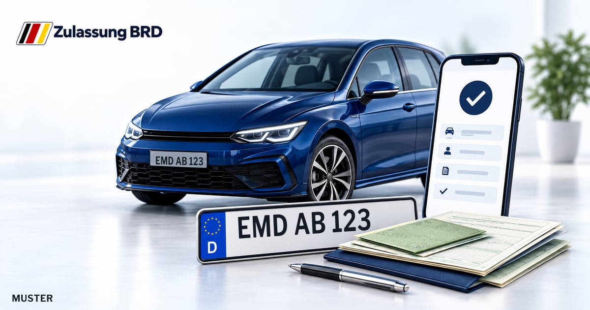 Online Fahrzeugzulassung in Emden: Musterkennzeichen EMD AB 123, Auto und Fahrzeugpapiere und Smartphone. Illustration mit Logo von Zulassung BRD.